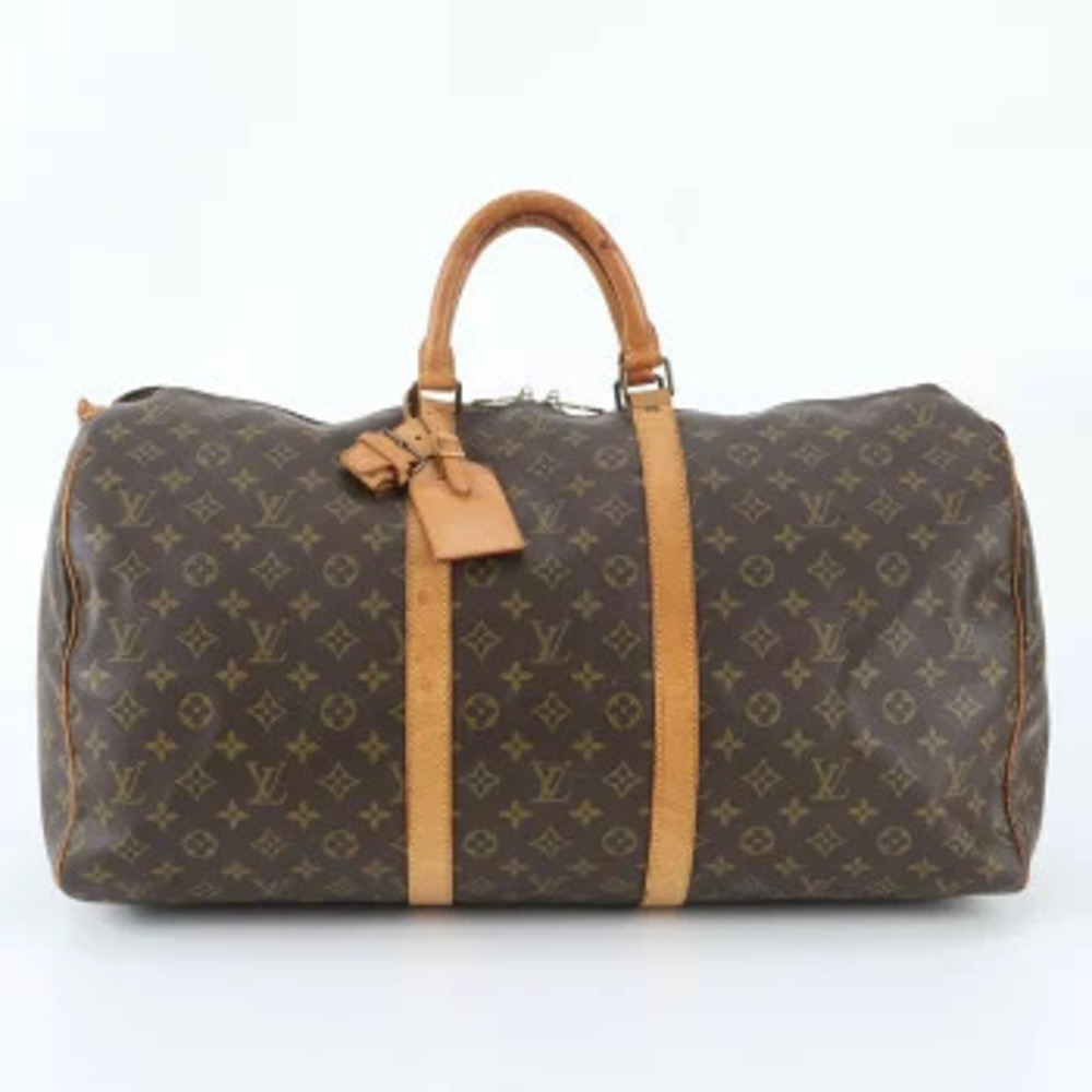 Louis Vuitton Monogram Keepall Leather Trip Tote Travel Bag Brown
